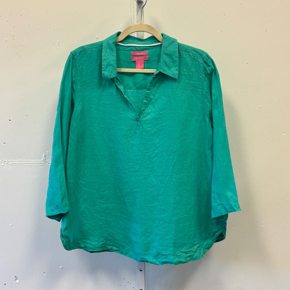 Isaac Mizrahi New York Teal Green 100% Linen Split Neck Blouse Top Size Large